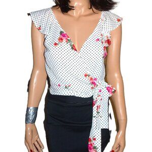 Joe & Elle Polka Dot Floral Wrap Blouse M